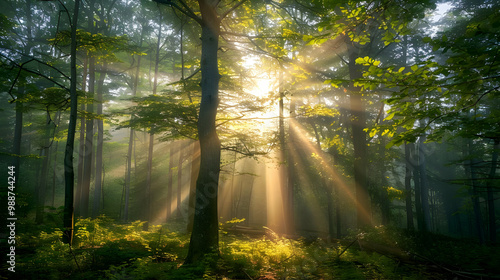 Sunbeams Through Foggy Forest: A Tranquil Landscape