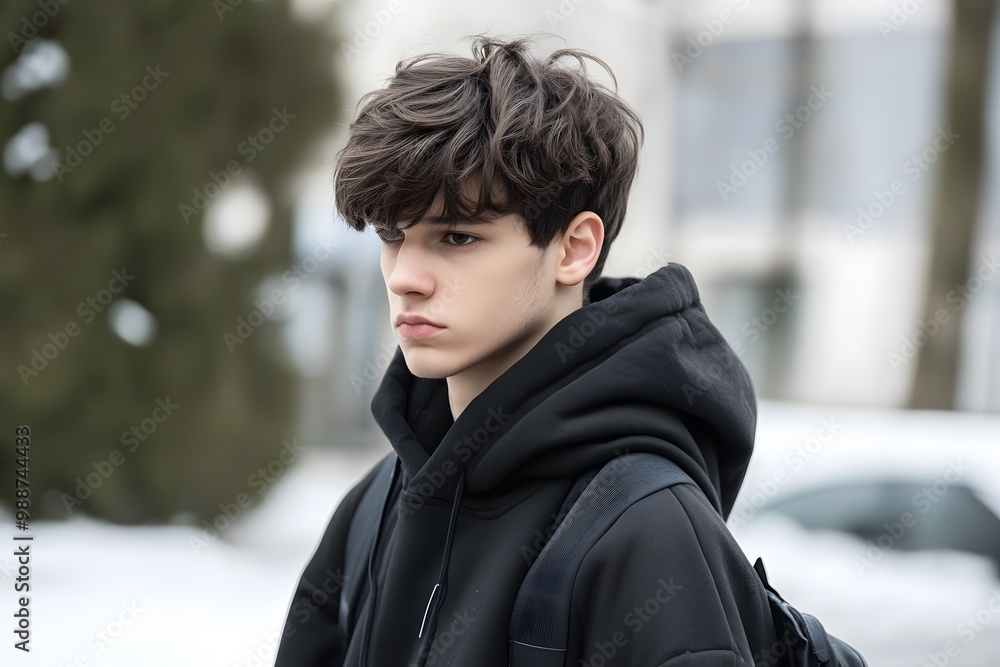 Young Man in Black Hoodie with Serious Expression Young Man in Black Hoodie with Serious Expression