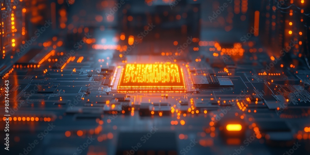 Fototapeta premium Illuminated Microchip on Reflective Surface, Futuristic Tech Equipment in Blurred Background, High-tech Atmosphere, Concept of Innovation