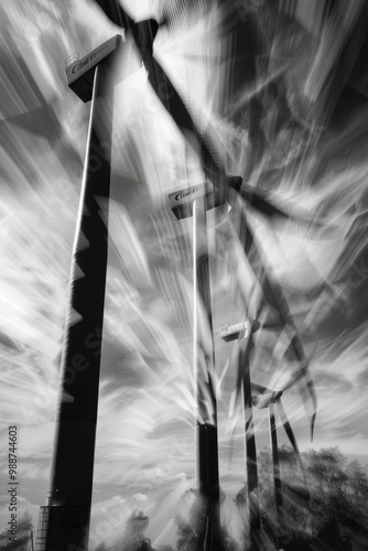 Windmills spin in wind at wind farm, creating dynamic and powerful scene. dramatic black and white filter enhances movement and energy of turbines