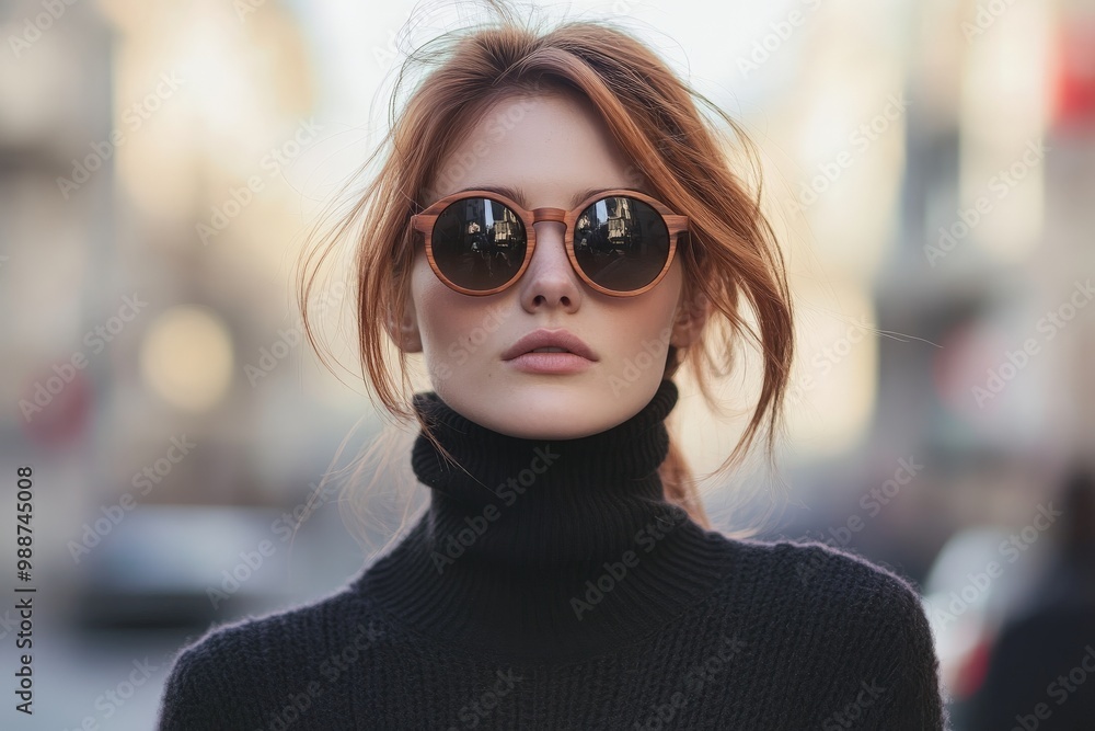 Trendy redhead woman in sunglasses and black turtleneck on a city street Trendy redhead woman in sunglasses and black turtleneck on a city street