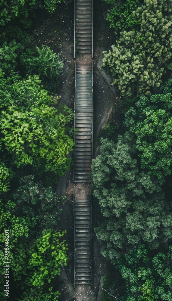 Fototapeta premium Aerial view of a wooden staircase leading up through lush green foliage.