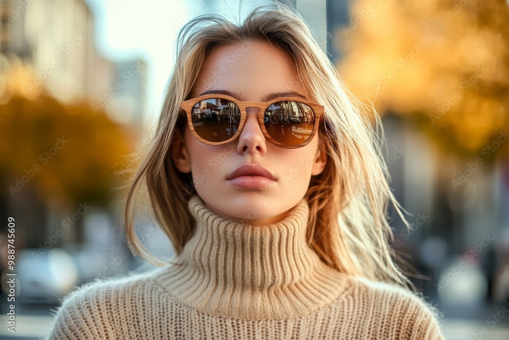 Trendy young woman in sunglasses and beige sweater embraces autumn in the city Trendy young woman in sunglasses and beige sweater embraces autumn in the city