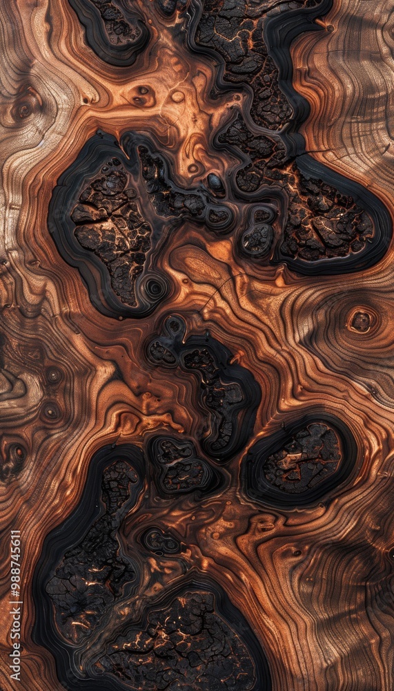 Intricate wood grain patterns in shades of brown and black. Intricate wood grain patterns in shades of brown and black.