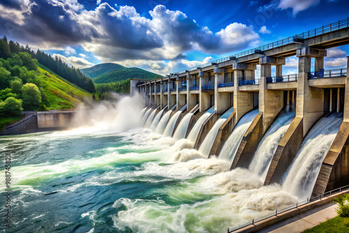 Dam Flood Gates With Rushing Water. open flood gates causing mist to rise and currents to twist and turn down strea photo