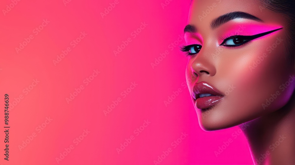 Closeup of a model s glowing face makeup, featuring neon eyeliner and UVreactive lipstick under blacklight, creating an ethereal runway look Closeup of a model s glowing face makeup, featuring neon eyeliner and UVreactive lipstick under blacklight, creating an ethereal runway look