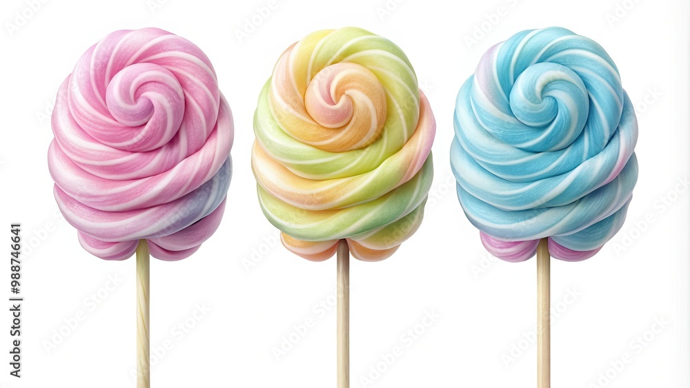 Fluffy pastel cotton candy twirls on a stick, set against a serene transparent background, evoking feelings of whimsy and delight. Fluffy pastel cotton candy twirls on a stick, set against a serene transparent background, evoking feelings of whimsy and delight.