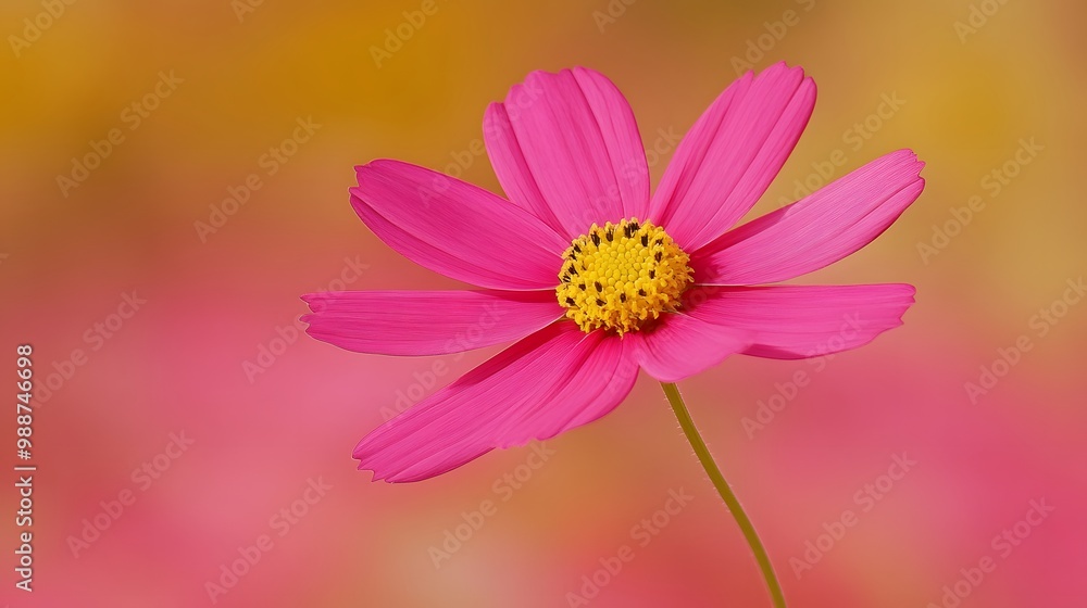 Pink Cosmos Flower with Yellow Center on Blurred Background Pink Cosmos Flower with Yellow Center on Blurred Background