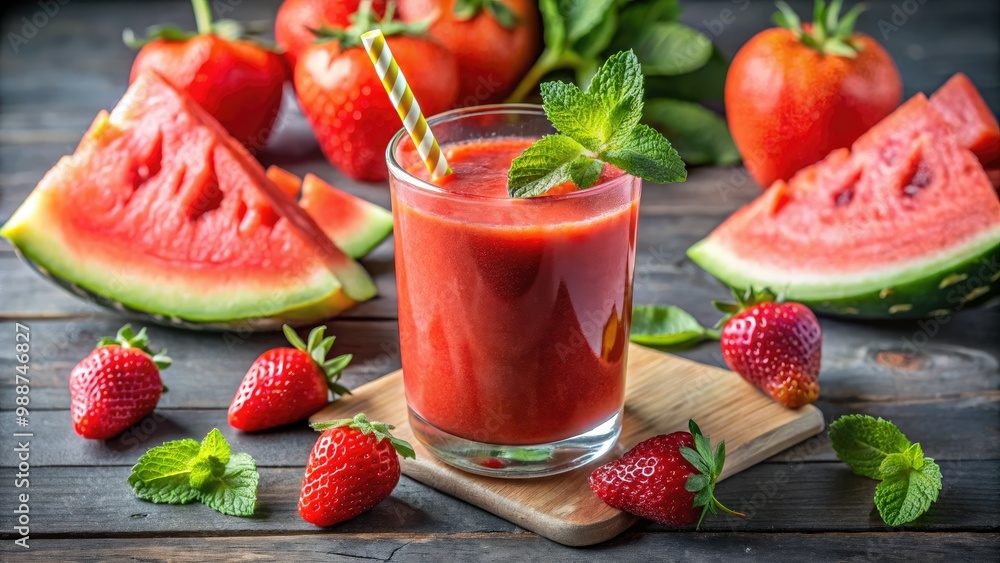 Fragrant strawberry and watermelon flavors blend together in a glass, garnished with fresh fruit and a refreshing sip waiting to be taken. Fragrant strawberry and watermelon flavors blend together in a glass, garnished with fresh fruit and a refreshing sip waiting to be taken.