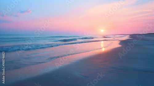 Stunning Sunset Over Sandy Beach and Calm Ocean