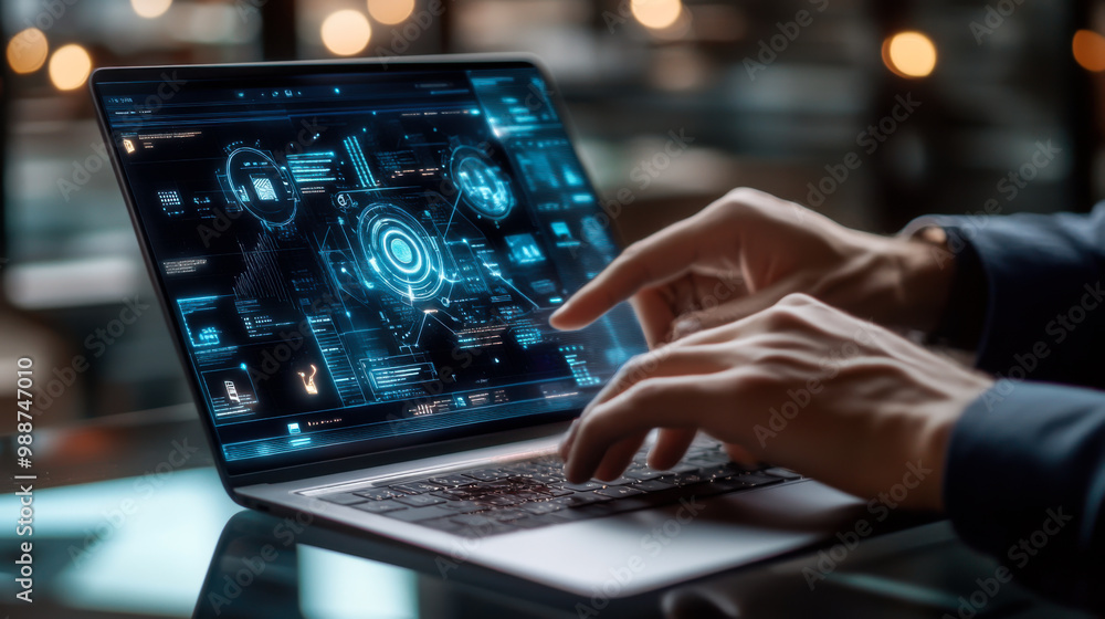 A person interacts with a futuristic interface on a laptop in a modern workspace during early evening hours A person interacts with a futuristic interface on a laptop in a modern workspace during early evening hours