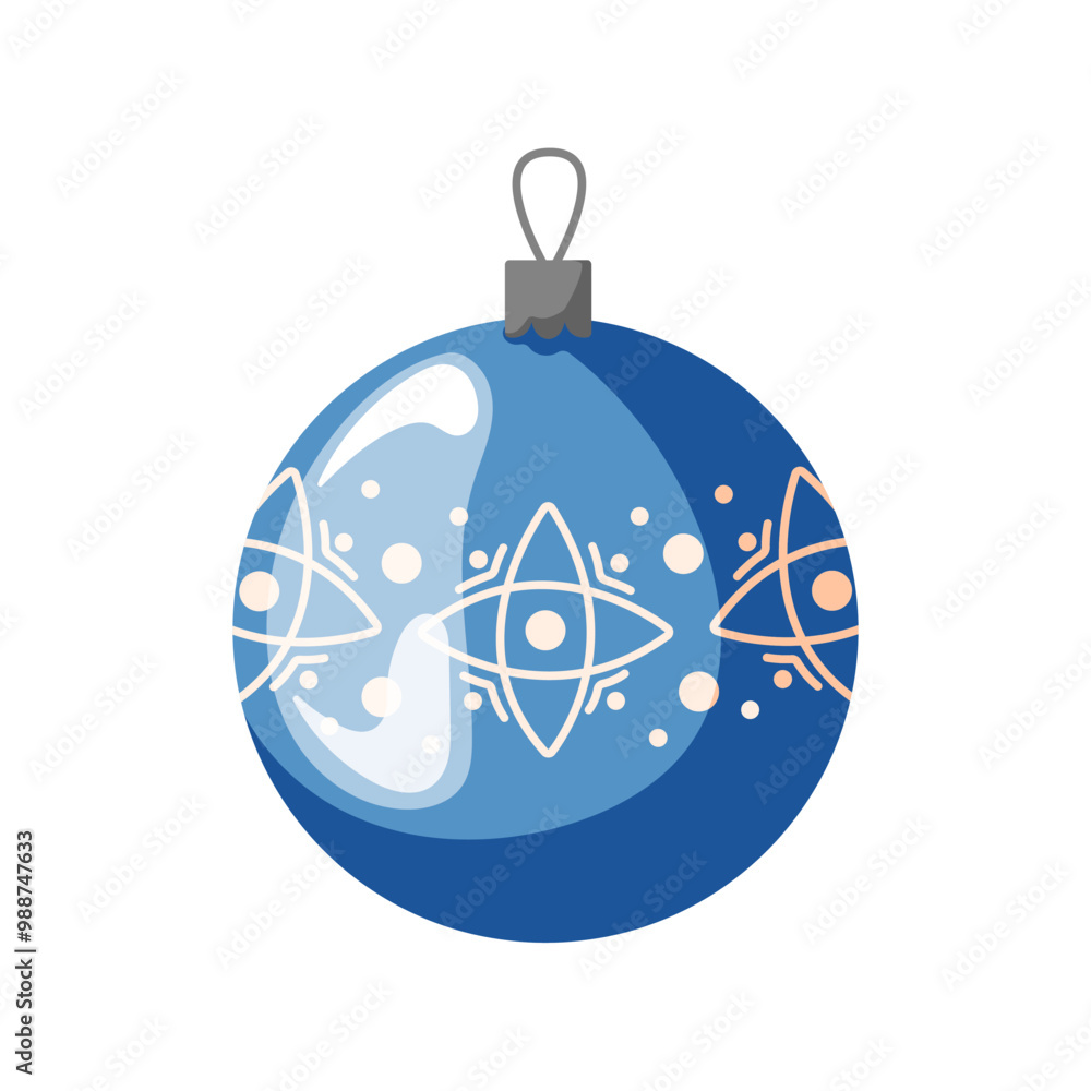 Fototapeta premium Blue Christmas ball with ornament in cartoon. Perfect for holiday designs, greeting cards, festive decorations and seasonal projects.