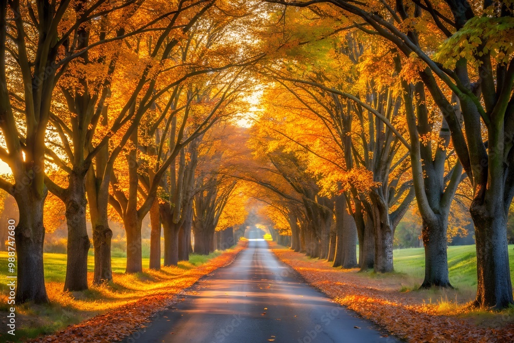 Fototapeta premium A serene autumn road lined with trees, displaying fallen leaves, leading into a distant, softly illuminated horizon.
