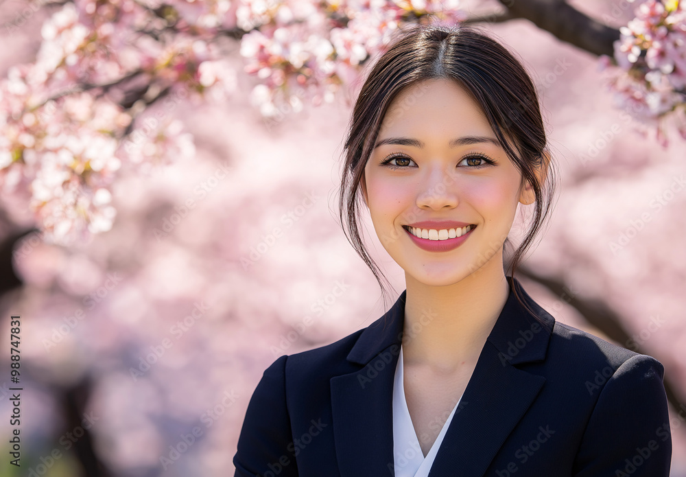 A beautiful woman is smiling and posing for a picture in front of cherry blossoms A beautiful woman is smiling and posing for a picture in front of cherry blossoms
