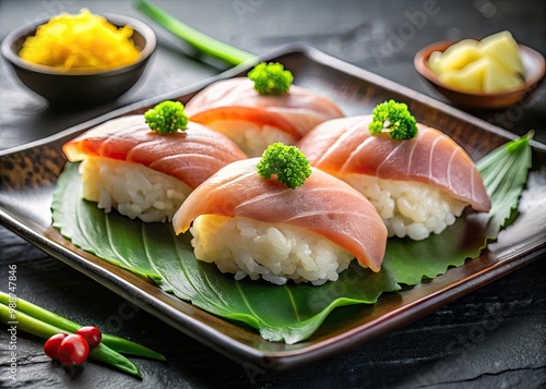 Freshly prepared yellowtail sushi glistens on a dark plate, paired with a dollop of wasabi and a slice of ginger, inviting the senses.