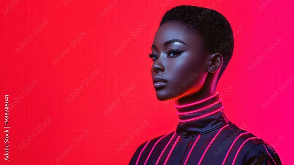 Runway model in a glowing neon jumpsuit, with futuristic LED designs lighting up the outfit in the dark, creating a striking fashion statement Runway model in a glowing neon jumpsuit, with futuristic LED designs lighting up the outfit in the dark, creating a striking fashion statement