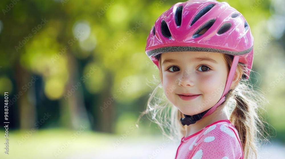 Portrait of a happy little girl wearing a pink helmet and cycling suit against a summer park background. Portrait of a happy little girl wearing a pink helmet and cycling suit against a summer park background.