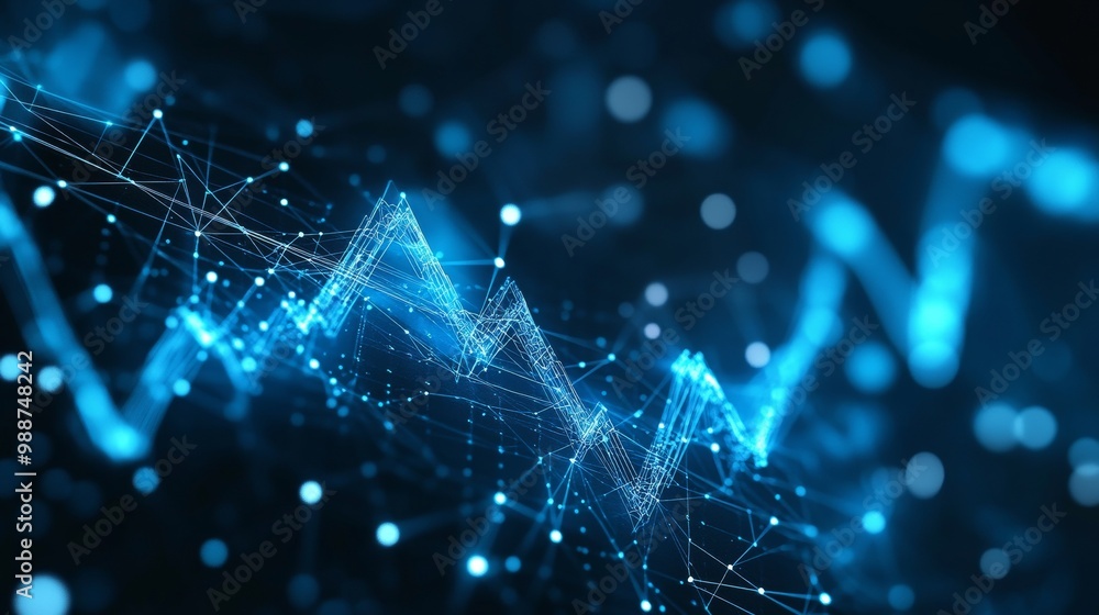 A blue, 3D chart shows growth. It represents business, finance, and data analysis. The chart is made of connected dots, lines, and shapes, creating a starry sky effect. A blue, 3D chart shows growth. It represents business, finance, and data analysis. The chart is made of connected dots, lines, and shapes, creating a starry sky effect.