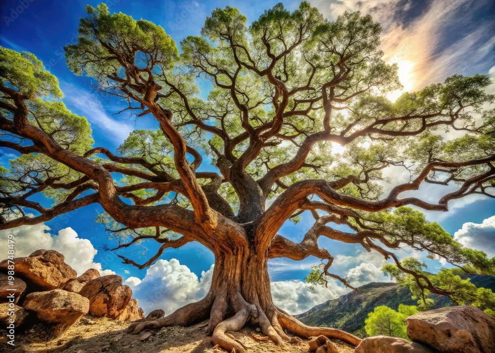 Obraz premium Gnarled branches stretch towards the heavens, embodying the spirit of unyielding strength, as the rugged tree stands tall against the whims of nature's will.