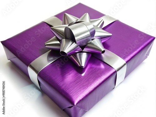 Glossy purple wrapping paper shines with a satin ribbon wrapped around it, holding a shiny silver bow delicately on a crisp white background. photo