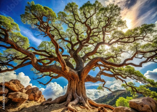Gnarled branches stretch towards the heavens, embodying the spirit of unyielding strength, as the rugged tree stands tall against the whims of nature's will.