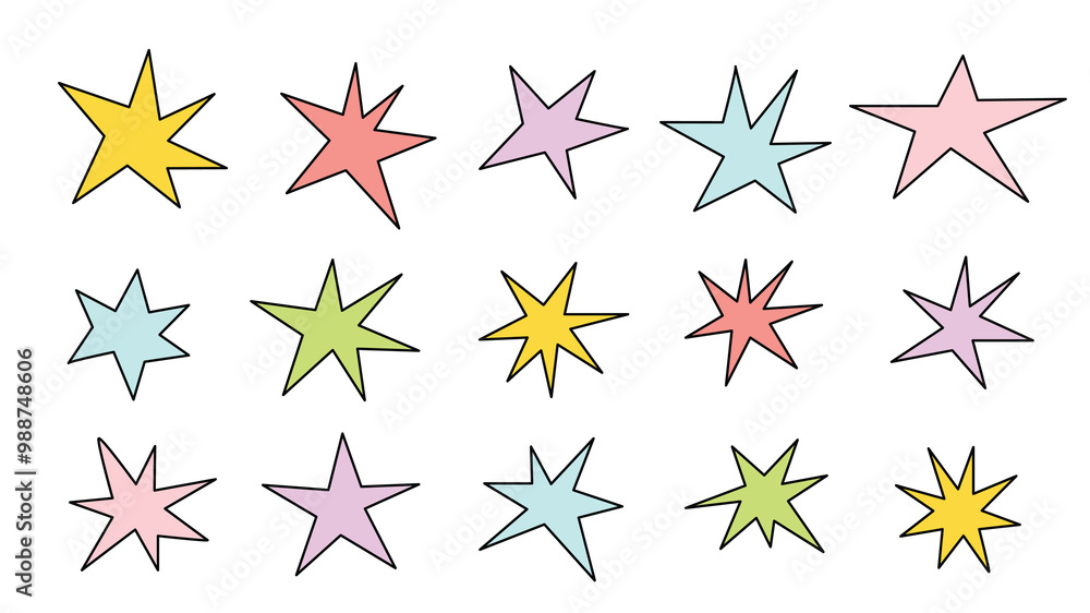 Obraz premium Background with bright colorful stars. Doodle style. Simple flat vector illustration. Horizontal banner or poster. Star stickers.