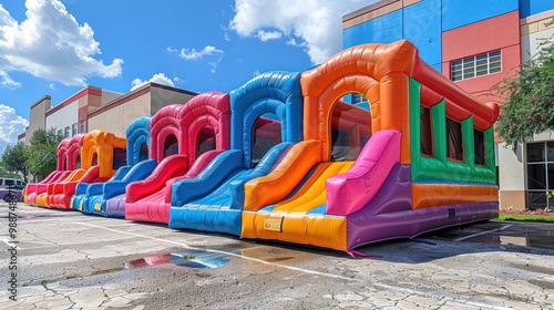 Vibrant inflatable bounce houses lined up outside a colorful building on a sunny day waiting for eager children. Generative AI photo