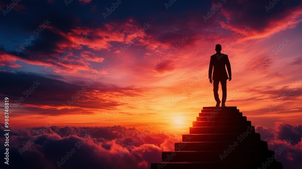 Abstract human figure climbing stairs into the sky, symbolizing motivation to reach new heights and fresh opportunities fresh start, motivation concept Abstract human figure climbing stairs into the sky, symbolizing motivation to reach new heights and fresh opportunities fresh start, motivation concept
