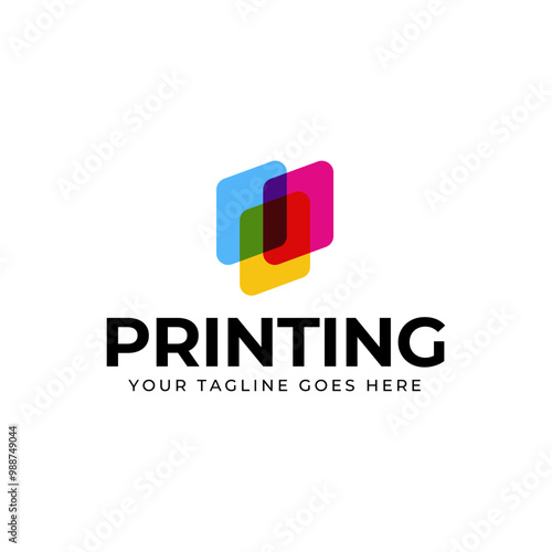 Printing company logo design with color paper symbol on cyan, magenta, yellow, and color.