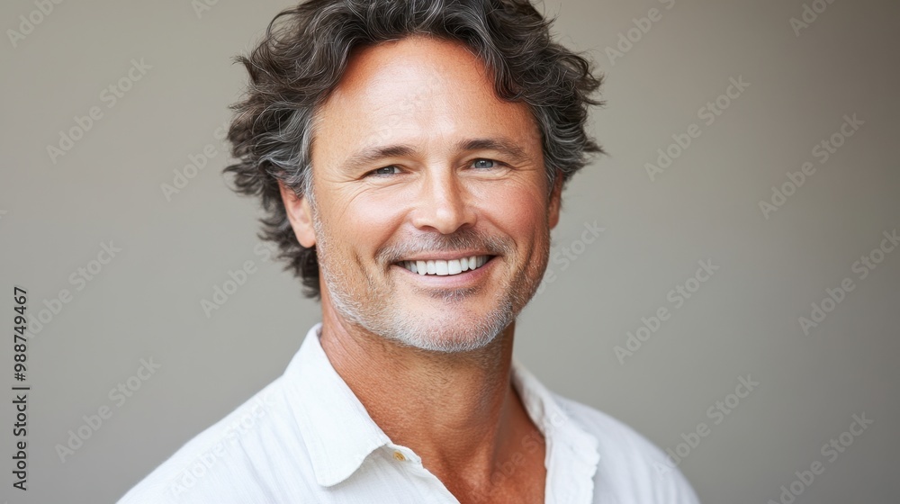 Confident Middle-Aged Man with Charming Smile and Casual White Shirt Confident Middle-Aged Man with Charming Smile and Casual White Shirt
