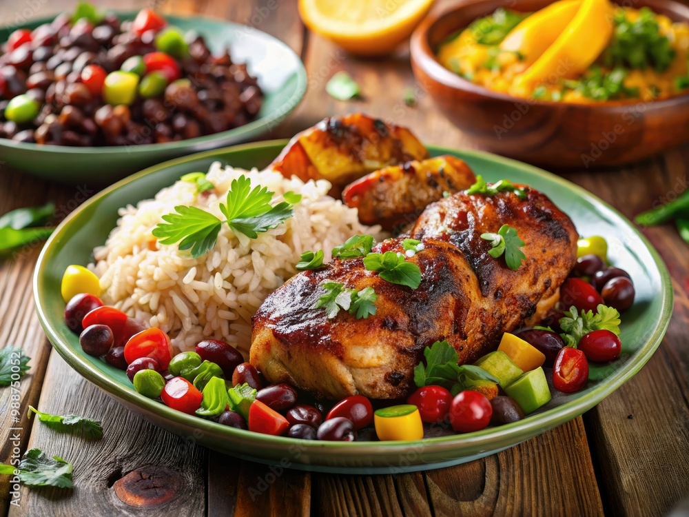 Jamaican dish features aromatic jerk chicken, fluffy rice and peas, and plantains for a flavorful and colorful fusion of Caribbean culture and cuisine. Jamaican dish features aromatic jerk chicken, fluffy rice and peas, and plantains for a flavorful and colorful fusion of Caribbean culture and cuisine.