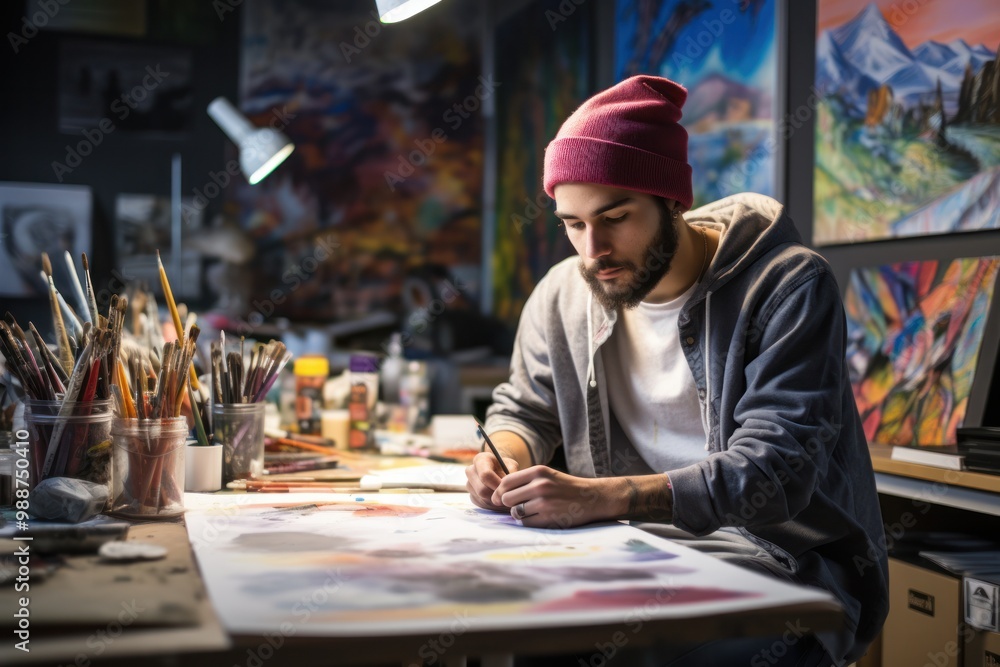 Fototapeta premium A young man in a creative studio environment, wearing a casual shirt and beanie, writes in a sketchbook with a pen. The background is filled