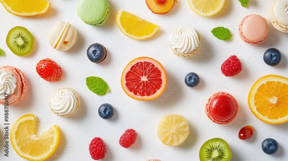 A colorful arrangement of desserts and fruits on a white background, evoking a festive mood. A colorful arrangement of desserts and fruits on a white background, evoking a festive mood.
