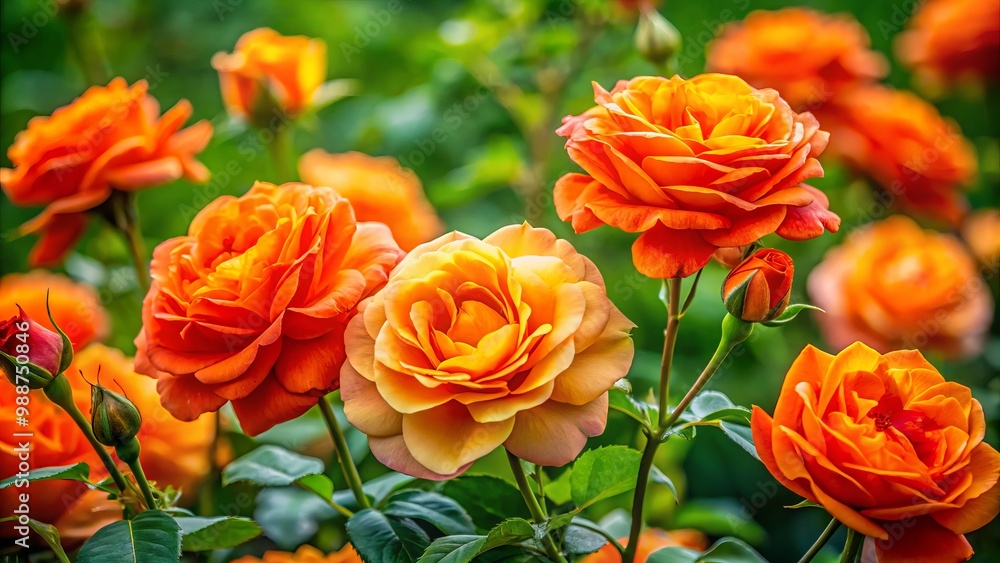 Vivid orange roses flourish, revealing their stunning beauty amidst a lush green garden, creating a captivating scene Vivid orange roses flourish, revealing their stunning beauty amidst a lush green garden, creating a captivating scene