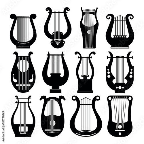 Lyre silhouette stencil templates kithara cliparts hand drawn vector illustration
