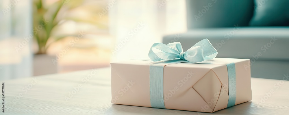 Gift box with blue ribbon, placed on a table in a cozy living room setting, inviting atmosphere. Gift box with blue ribbon, placed on a table in a cozy living room setting, inviting atmosphere.