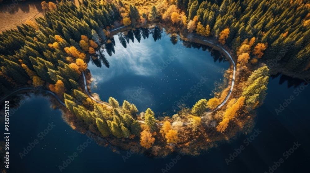 Fototapeta premium Autumnal Forest Encircling a Serene Lake