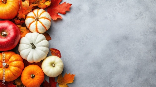 An autumn-themed arrangement showcases pumpkins, apples, and colorful leaves on a grey stone table with ample space for seasonal text or copy photo