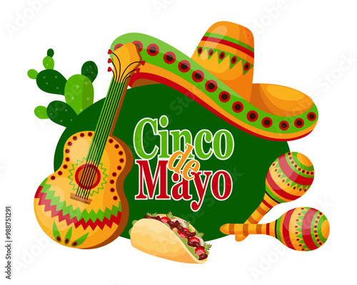 Colorful Cinco de Mayo banner with Mexico symbols, tacos, guitar, sombrero and maracas. Illustration, poster, vector