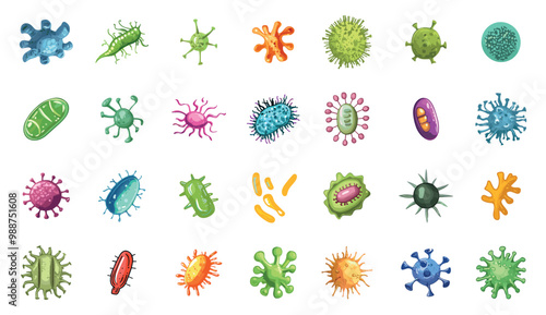 Bacteria and virus icons. Microbe disease colorful germs. Bacterium infection disease virus cell flu research pandemia. Mobile and web health medical science decorative element. Cartoon style isolated