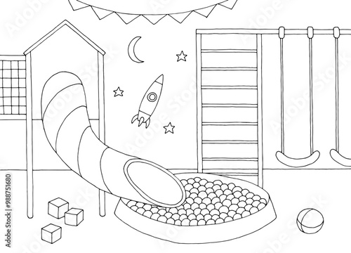 Mall playground interior graphic black white sketch illustration vector