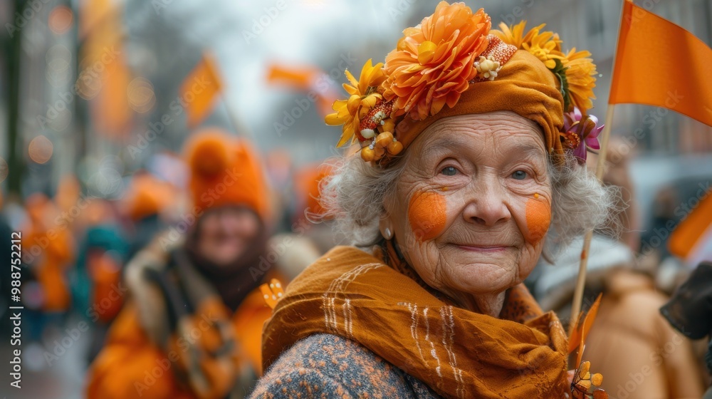 Celebrating tradition in vibrant orange at a joyful festival in a lively city during a chilly afternoon. Generative AI Celebrating tradition in vibrant orange at a joyful festival in a lively city during a chilly afternoon. Generative AI