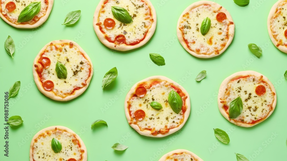 A colorful arrangement of mini pizzas with basil leaves on a green background. A colorful arrangement of mini pizzas with basil leaves on a green background.