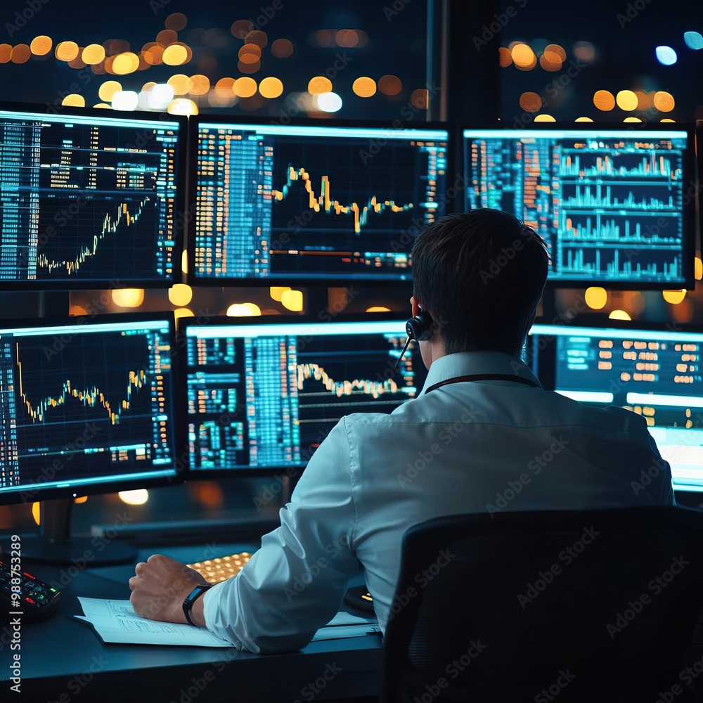 A financial trader working late at night, surrounded by multiple screens displaying market charts and data, city lights visible through the window, focused and intense A financial trader working late at night, surrounded by multiple screens displaying market charts and data, city lights visible through the window, focused and intense