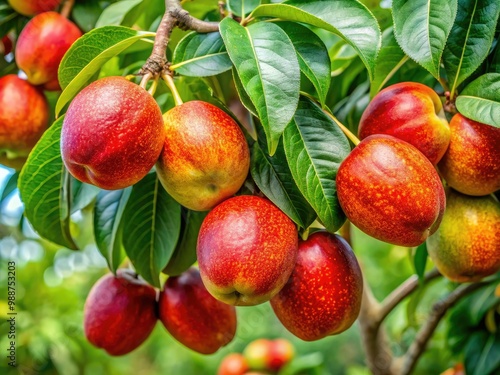 Ripened alma fruits dangle from a lush branch, surrounded by emerald leaves that filter sunlight, creating a serene and idyllic natural scene.