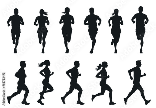 Black silhouettes of sport runners set. Side and front view. Man and woman in different sport cloth running. Park exercising outdoor gym health care activity. Cartoon style isolated vector clipart
