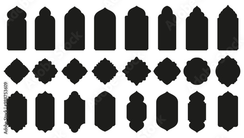 Islamic windows shapes. Oriental badge silhouettes, east gate frame with domes and traditional Arabian architecture arches or Mosque decorations vector set