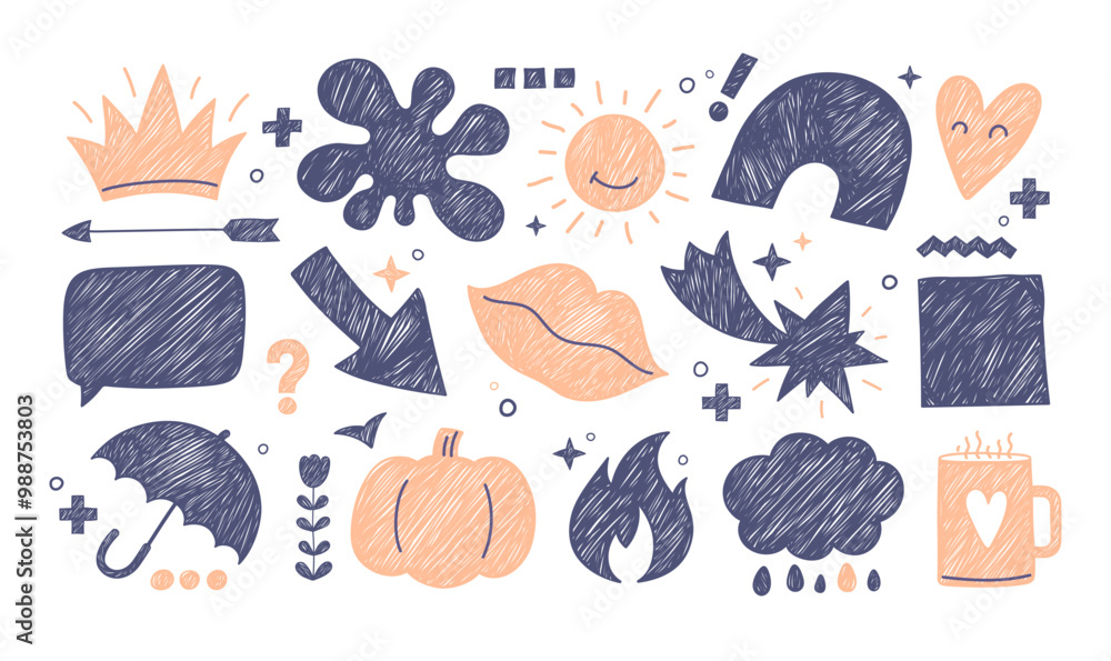 Fototapeta premium Hand drawn sketches, icons of shapes with pencil scribbles. Vector doodles of fire, flower, star, arrow, coffee mug, crown, sun, rain, heart and umbrella with pen strokes