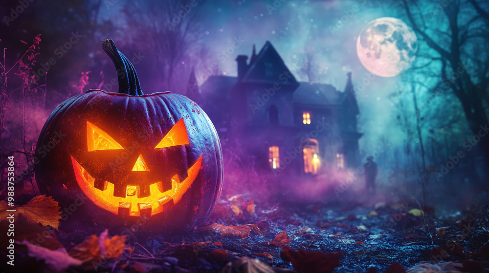 Jack o lantern pumpkin against background of creepy abandoned mansion in forest against background of dark purple night sky on Halloween night Jack o lantern pumpkin against background of creepy abandoned mansion in forest against background of dark purple night sky on Halloween night
