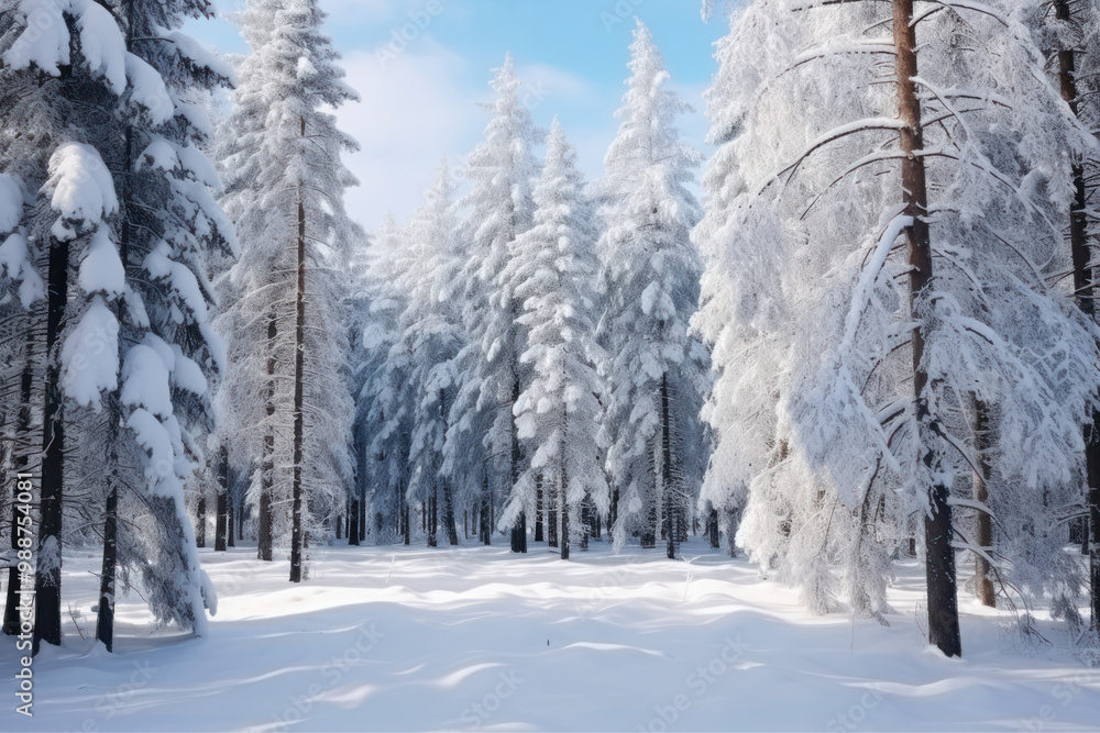 Fototapeta premium Snow-covered pine trees in bright sunlight